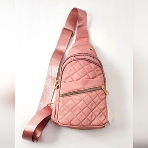Women's Quilted Sling Bag Triple Compartment Pastel Pink Crossbody Purse